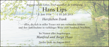 Traueranzeige von Hans Lips 