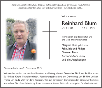 Traueranzeige von Reinhard Blum 
