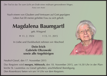 Traueranzeige von Magdalena Baumgartl 