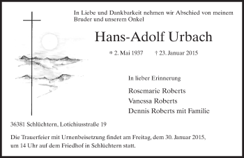 Traueranzeige von Hans-Adolf Urbach 