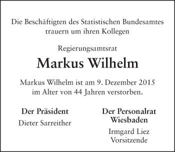 Traueranzeige von Markus Wilhelm 