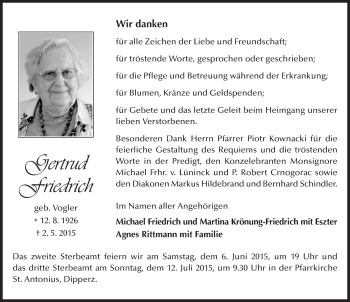 Traueranzeige von Gertrud Friedrich 