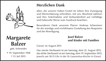 Traueranzeige von Margarete Balzer 