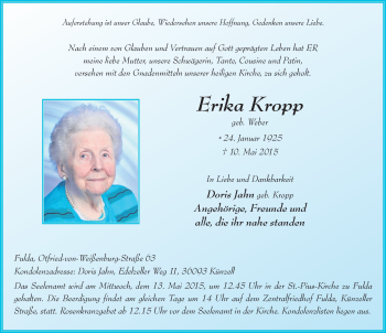Traueranzeige von Erika Kropp 