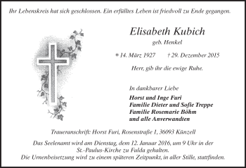 Traueranzeige von Elisabeth Kubich 