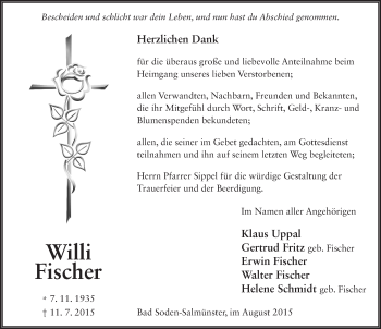 Traueranzeige von Willi Fischer 