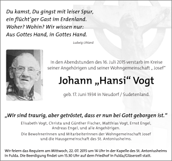 Traueranzeige von Johann Vogt 