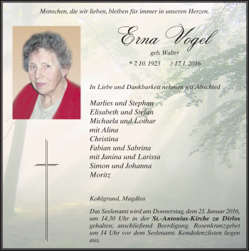 Traueranzeige von Erna Vogel 
