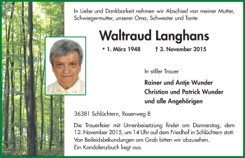 Traueranzeige von Waltraud Langhans 