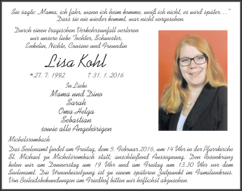 Traueranzeige von Lisa Kohl von Fuldaer Zeitung