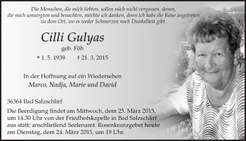 Traueranzeige von Cilli Gulyas 
