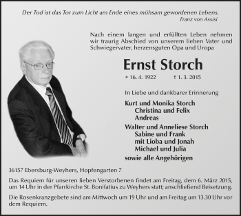Traueranzeige von Ernst Storch 