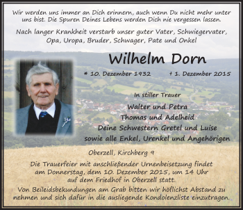 Traueranzeige von Wilhelm Dorn 