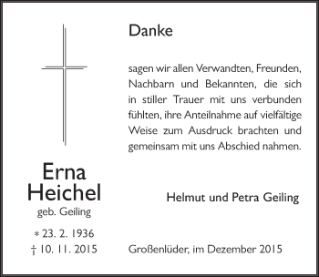 Traueranzeige von Erna Heichel 