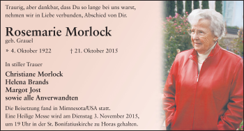 Traueranzeige von Rosemarie Morlock 