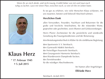 Traueranzeige von Klaus Herz 