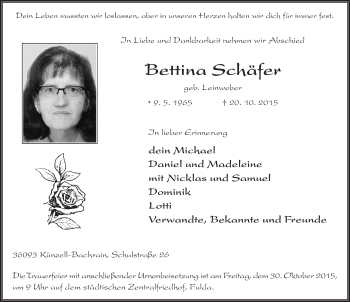 Traueranzeige von Bettina Schäfer 
