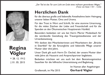 Traueranzeige von Regina Vögler 