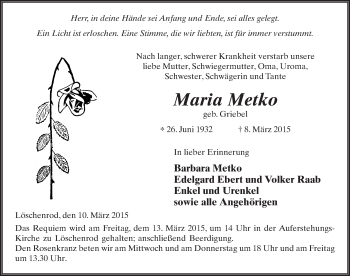 Traueranzeige von Maria Metko 