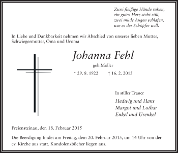 Traueranzeige von Johanna Fehl 