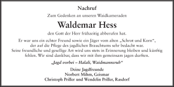 Traueranzeige von Waldemar Hess 