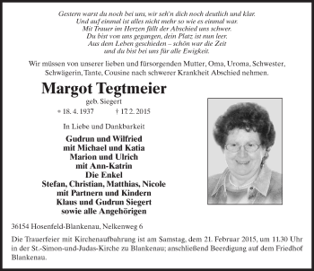 Traueranzeige von Margot Tegtmeier 