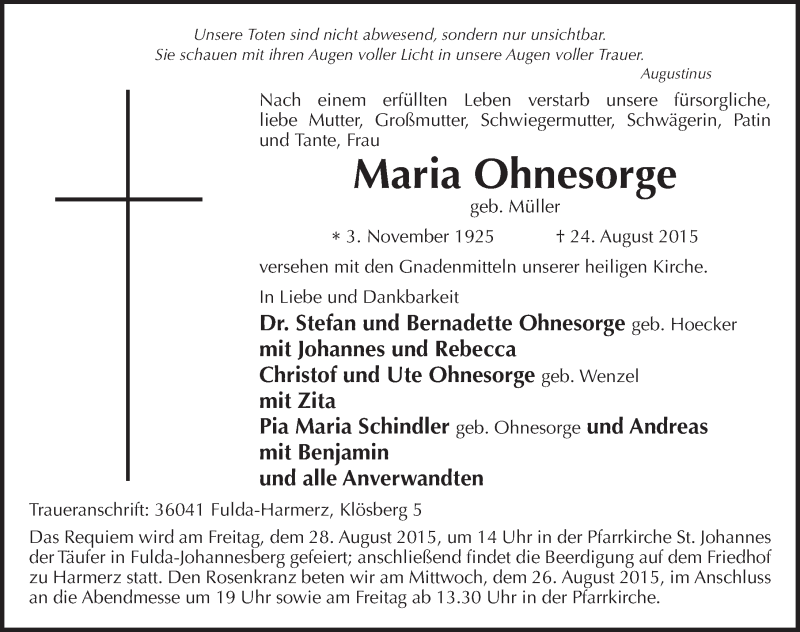  Traueranzeige für Maria Ohnesorge vom 26.08.2015 aus 