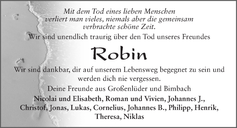  Traueranzeige für Robin Fischer vom 07.10.2015 aus 