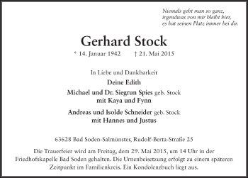 Traueranzeige von Gerhard Stock 