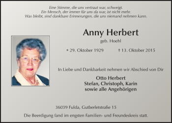 Traueranzeige von Anny Herbert 