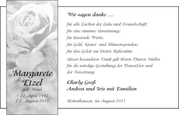 Traueranzeige von Margarete Etzel 