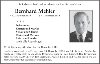 Traueranzeige von Bernhard Mehler 