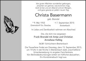 Traueranzeige von Christa Basermann 