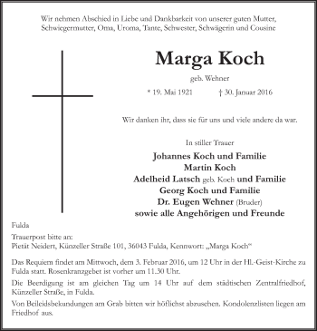 Traueranzeige von Marga Koch 