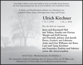 Traueranzeige von Ulrich Kirchner 