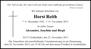Traueranzeige von Horst Reith 