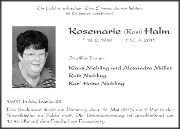 Traueranzeige von Rosemarie Halm 