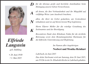 Traueranzeige von Elfriede Langstein 