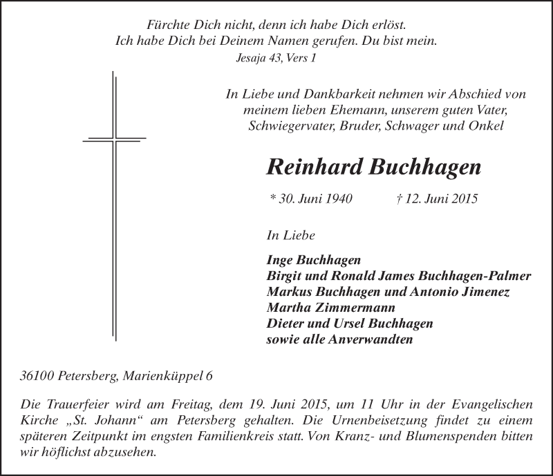  Traueranzeige für Reinhard Buchhagen vom 17.06.2015 aus 