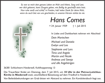 Traueranzeige von Hans Comes 