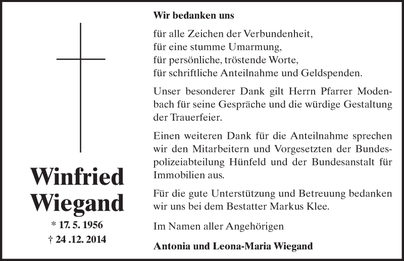  Traueranzeige für Winfried Wiegand vom 31.01.2015 aus 