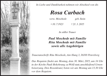 Traueranzeige von Rosa Curbach 