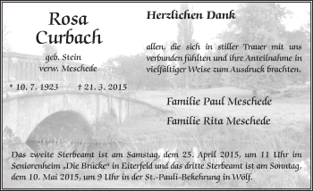 Traueranzeige von Rosa Curbach 