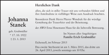 Traueranzeige von Johanna Stanek 