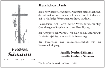 Traueranzeige von Franz Sämann 