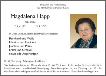 Traueranzeige von Magdalena Happ 