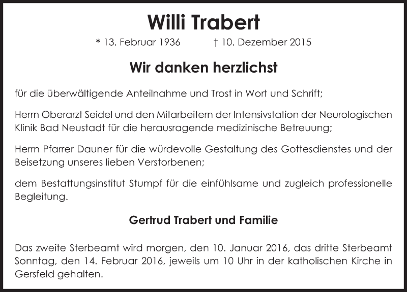  Traueranzeige für Willi Trabert vom 09.01.2016 aus 