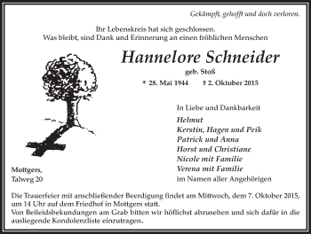 Traueranzeige von Hannelore Schneider 
