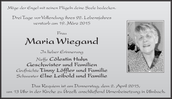 Traueranzeige von Maria Wiegand 