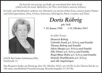 Traueranzeige von Doris Röhrig 